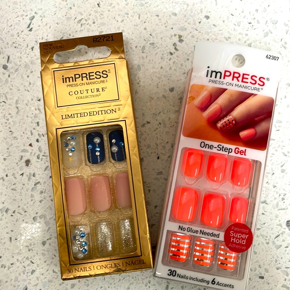 NWT IMPRESS PRESS ON NAILS, 2 sets, Orange and Dark Blue w/Designs
